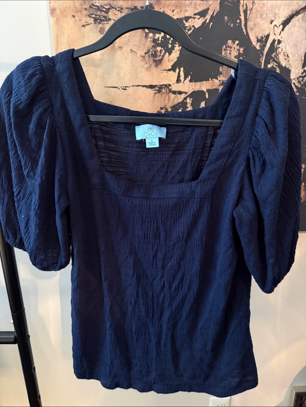 CeCe Navy Textured Square-Neck Puff-Sleeve Top